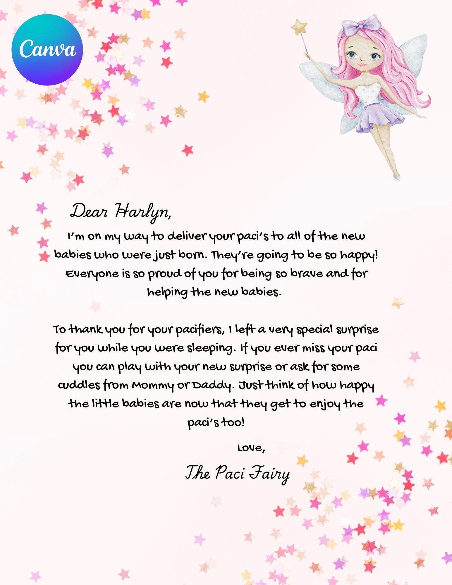 Editable Paci Fairy Thank You Letter Editable Paci Fairy Thank You Letter