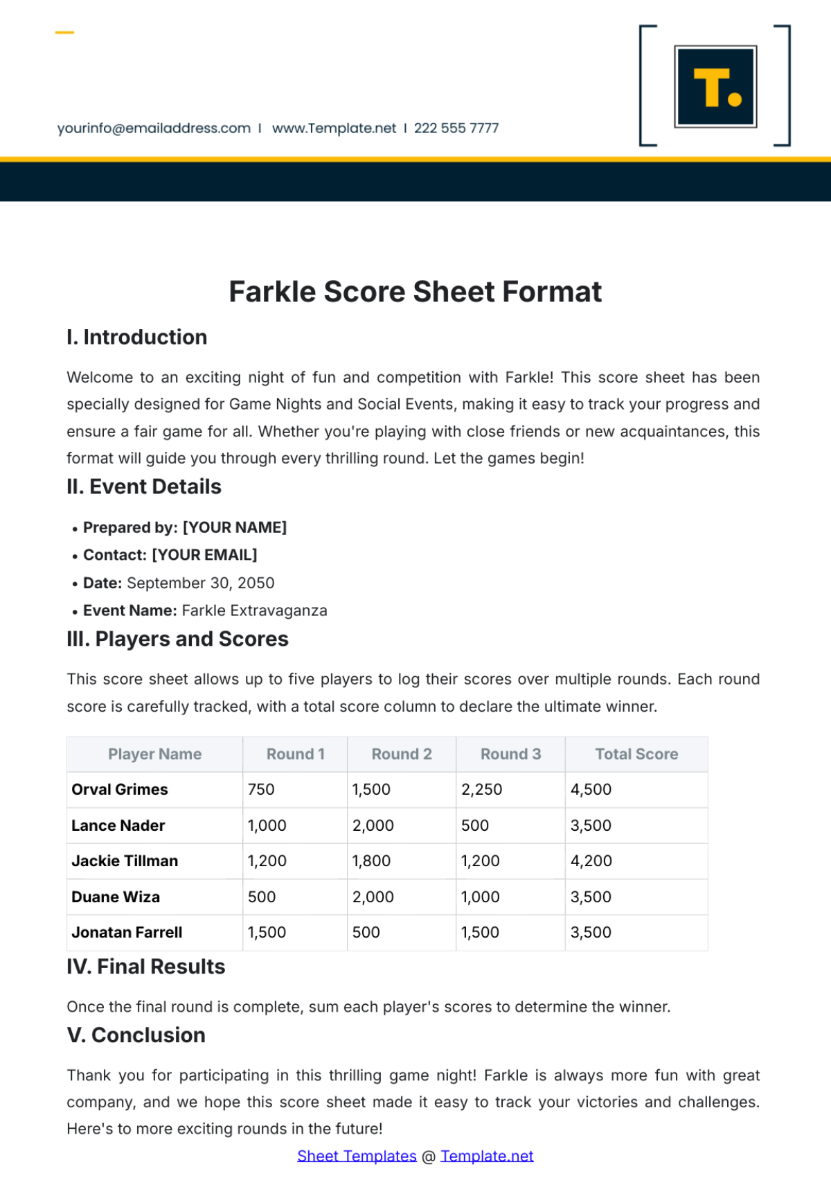 Farkle Score Sheet Format