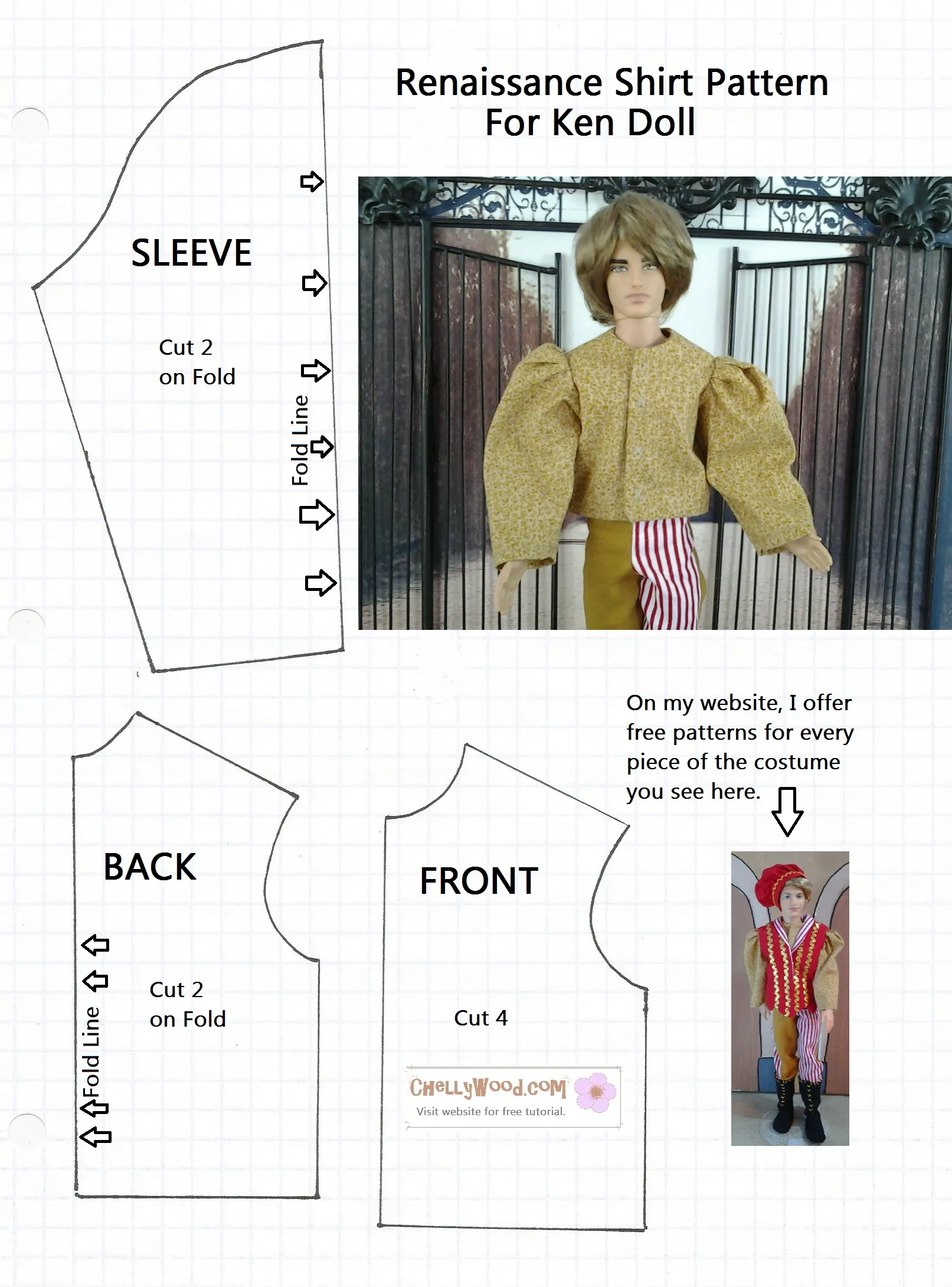 Free Dolling Doll Clothes Sewing Pattern For Making Ken Or Barbie A Puff Sleeve Shirt