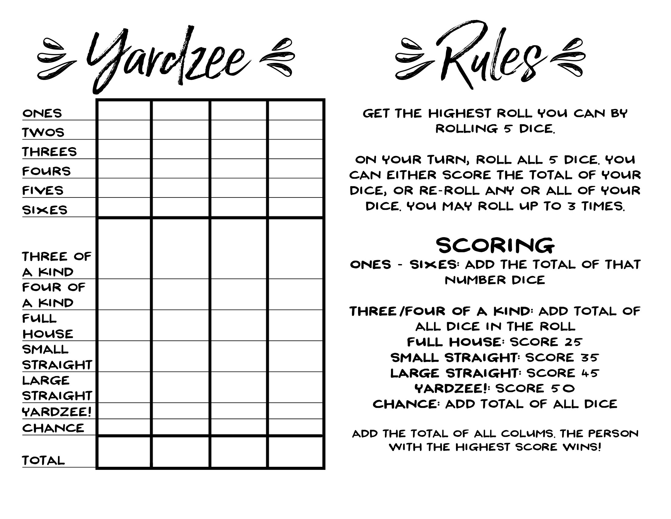 full page free printable yardzee score card full page free printable yardzee score card