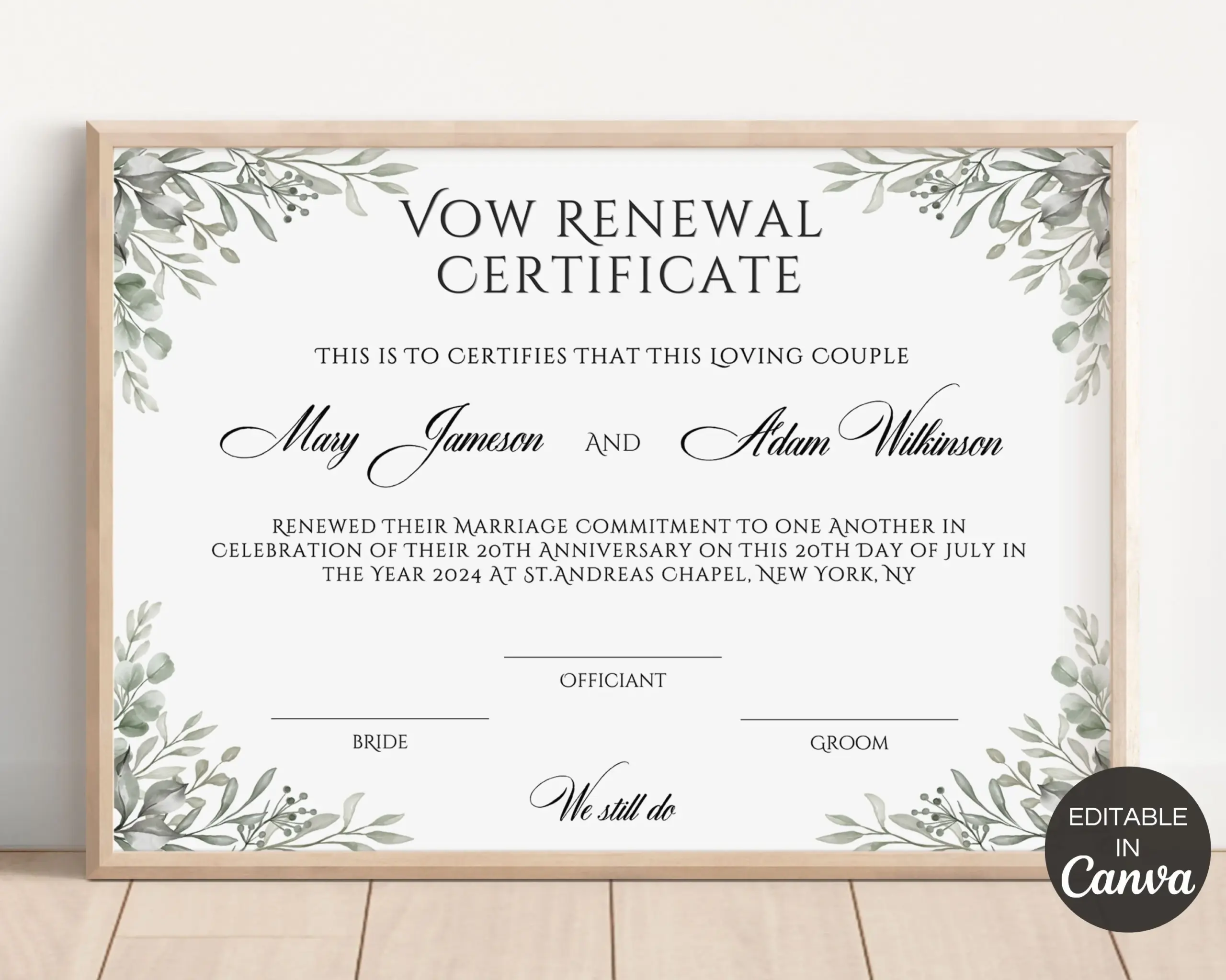 Greenery Vow Renewal Certificate