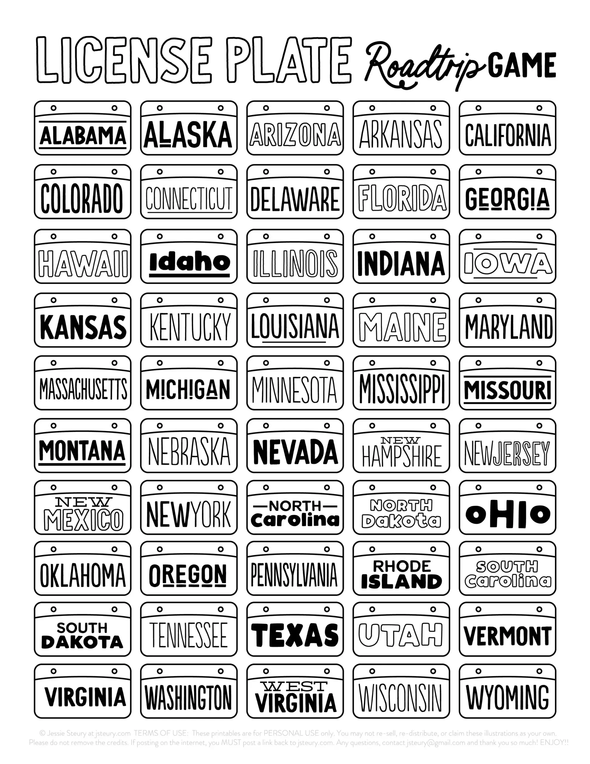 License plate game printable