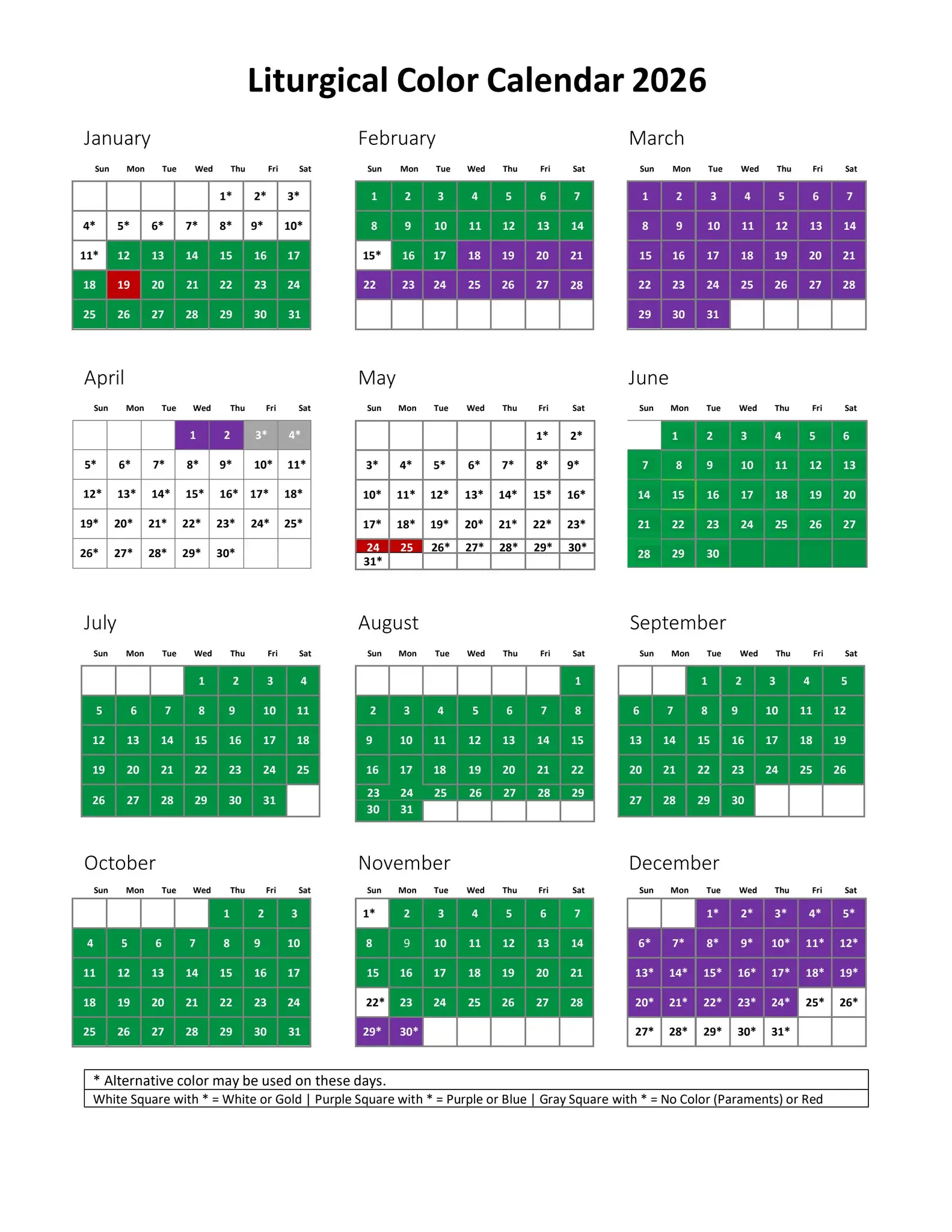 Liturgical Color Calendar 2026