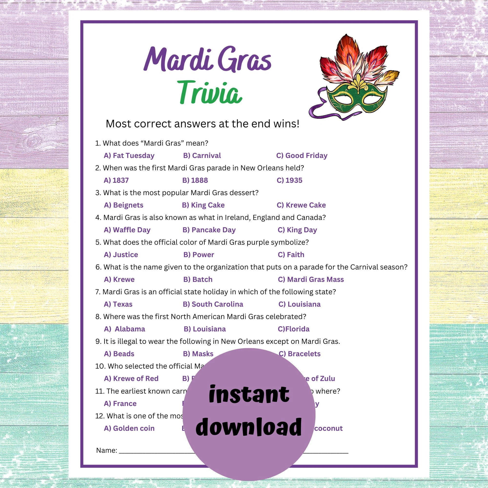 Mardi Gras Trivia Game Printable Mardi