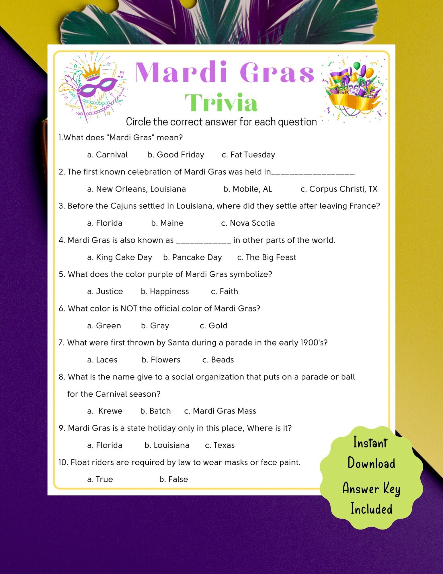 Mardi Gras Trivia Game Printable Party