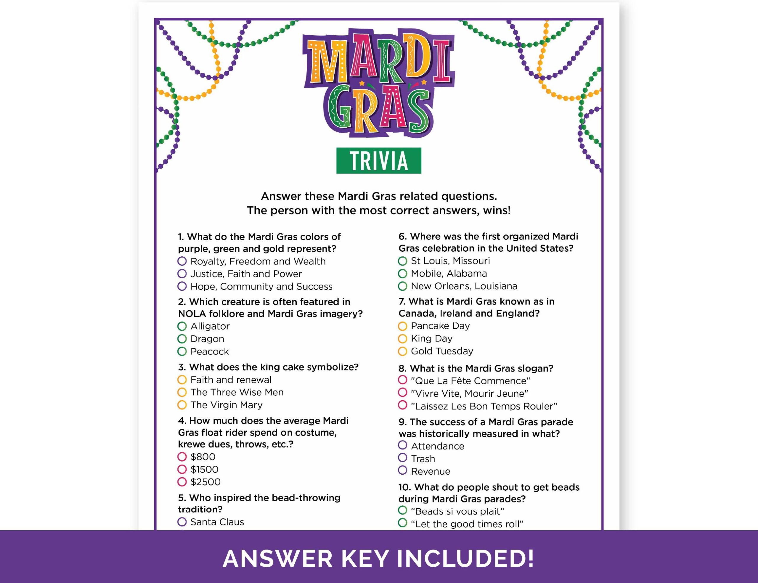 Mardi Gras Trivia Game Printable Quiz