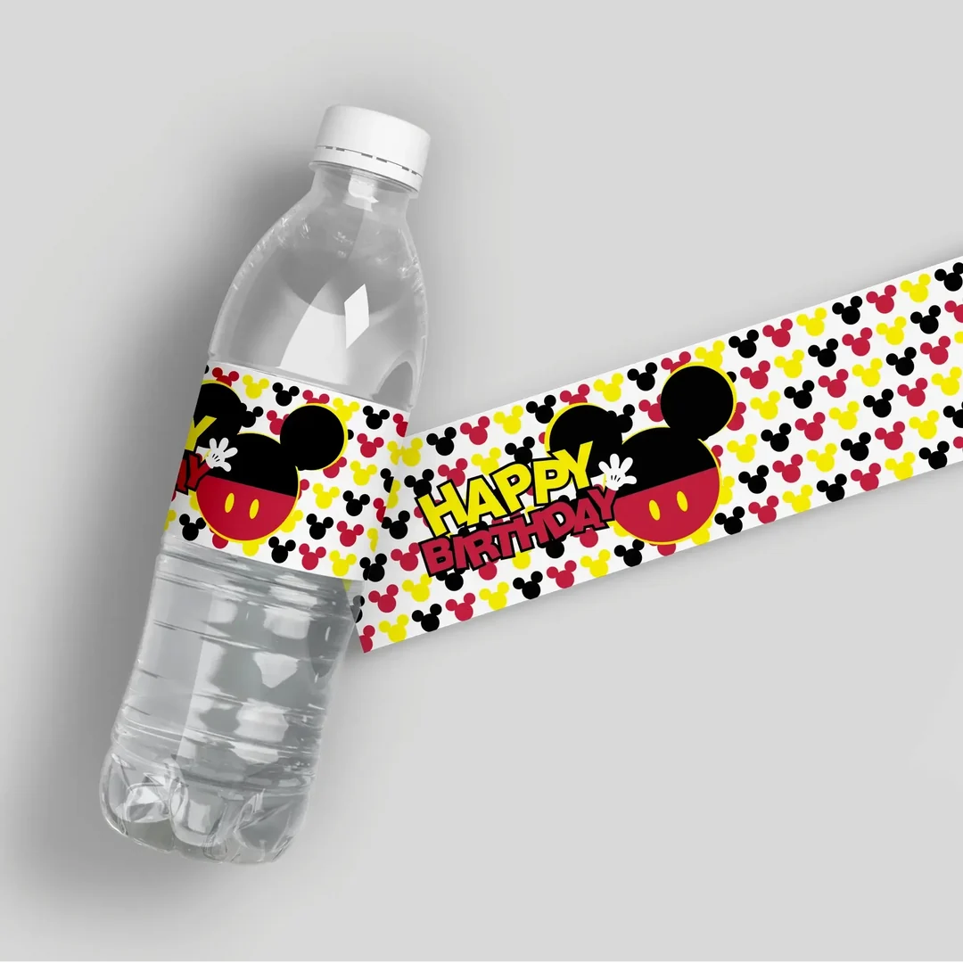 Mickey Pattern Birthday Water Bottle Labels