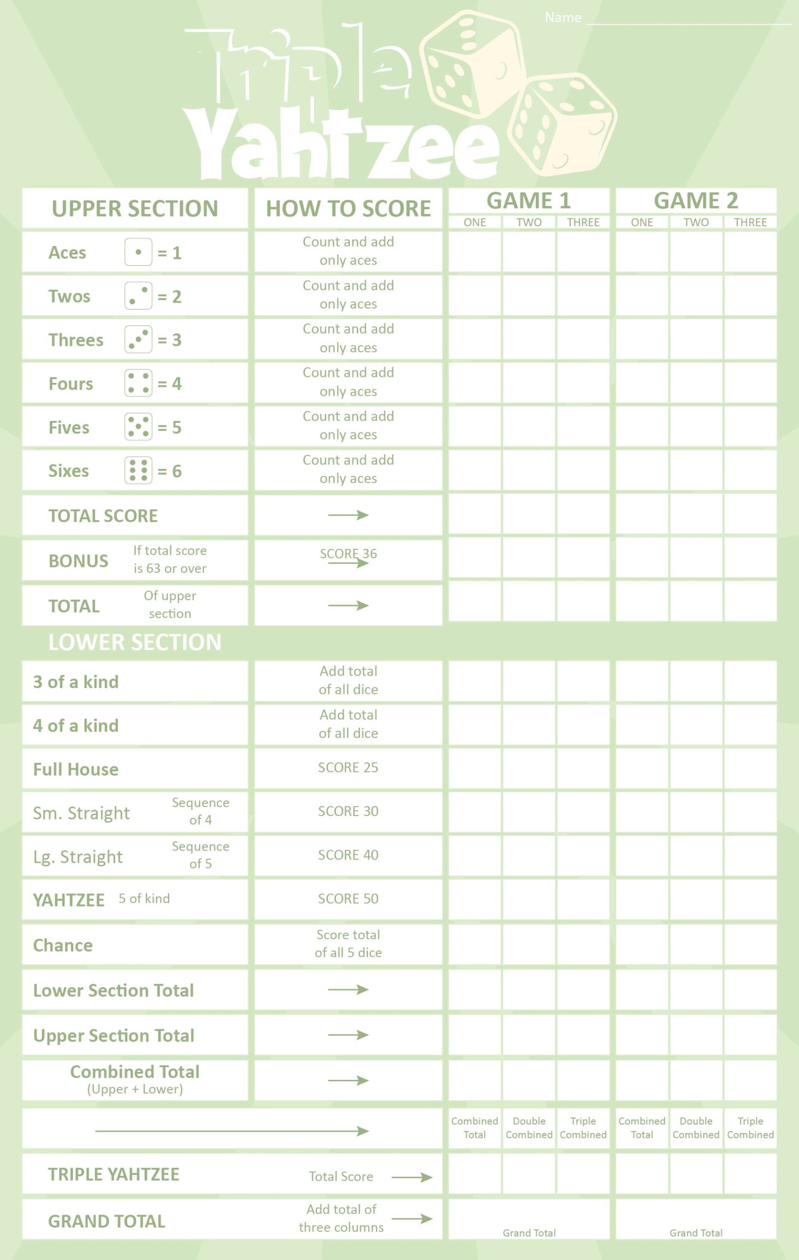 Post Printable Triple Yahtzee Score Pads 163386