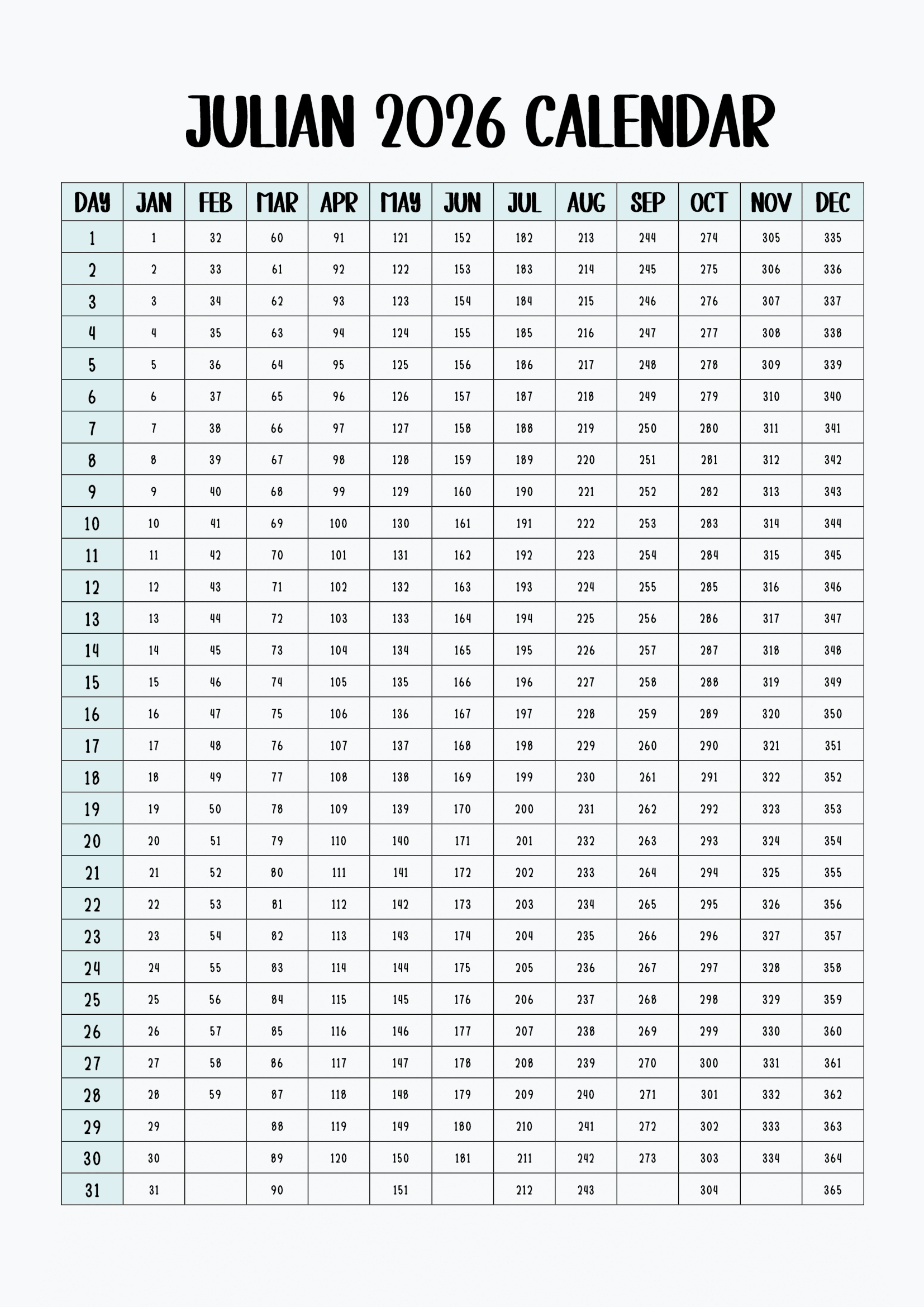 Printable Julian Date Calendar 2026