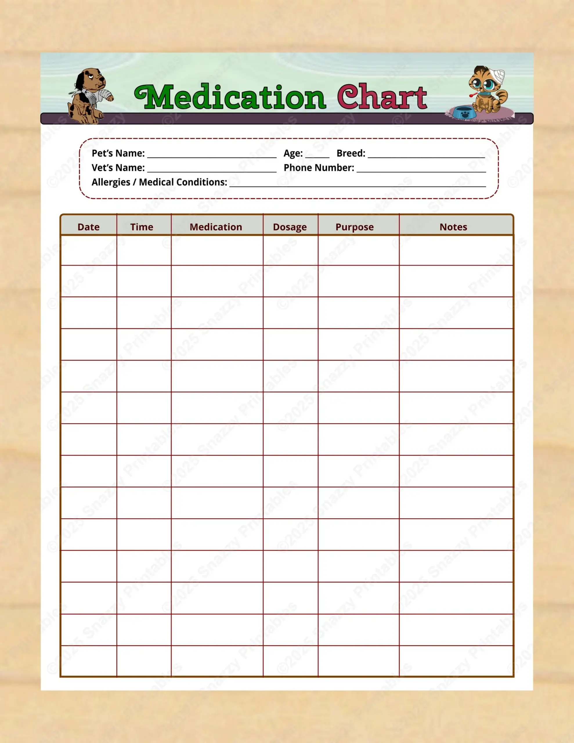 Printable Pet Medication Chart Pet Printable Pet Medication Chart Pet