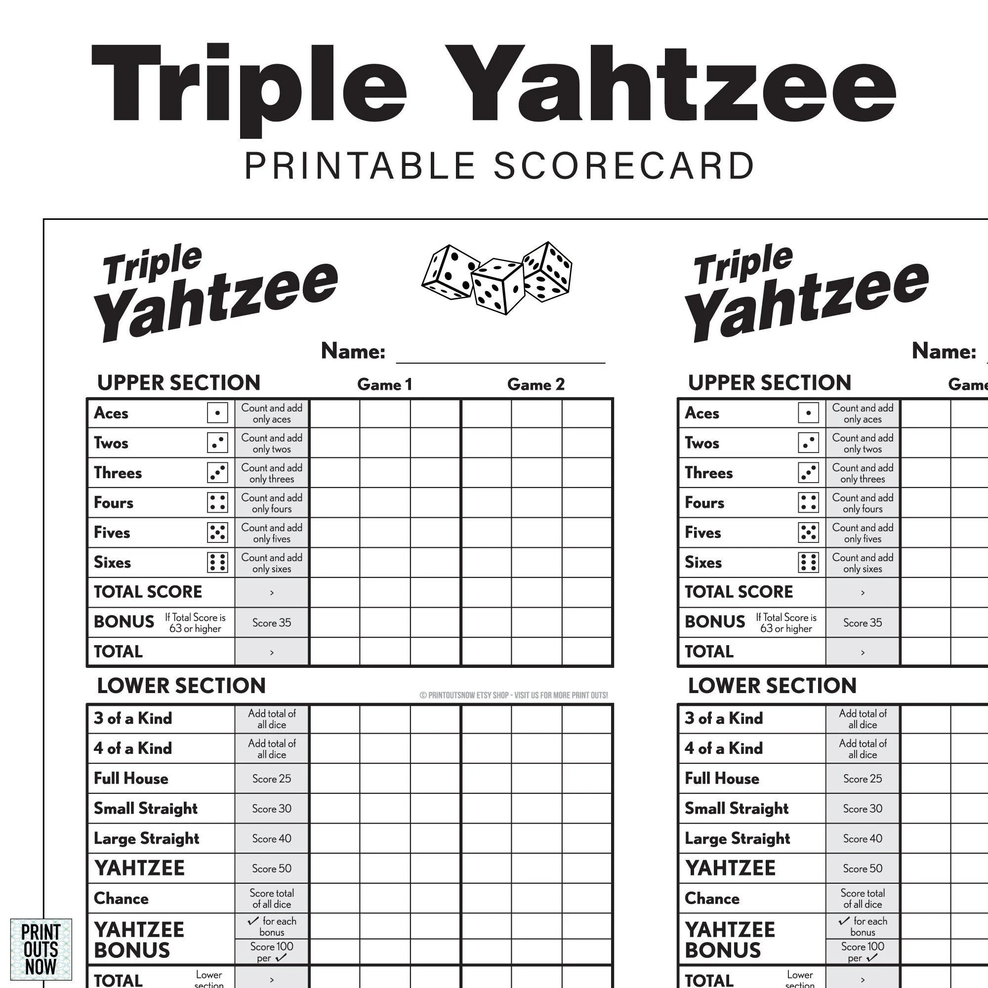 Printable Triple Yahtzee Scorecards