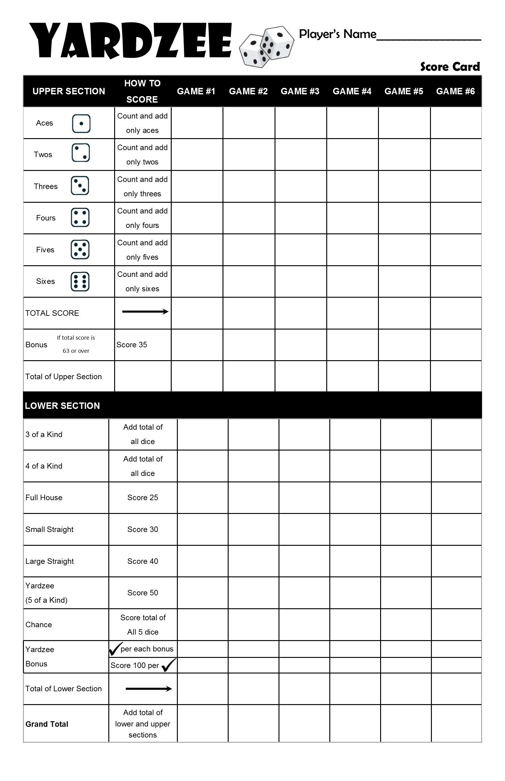 Printable Yardzee Yahtzee Laminated Printable Yardzee Yahtzee Laminated