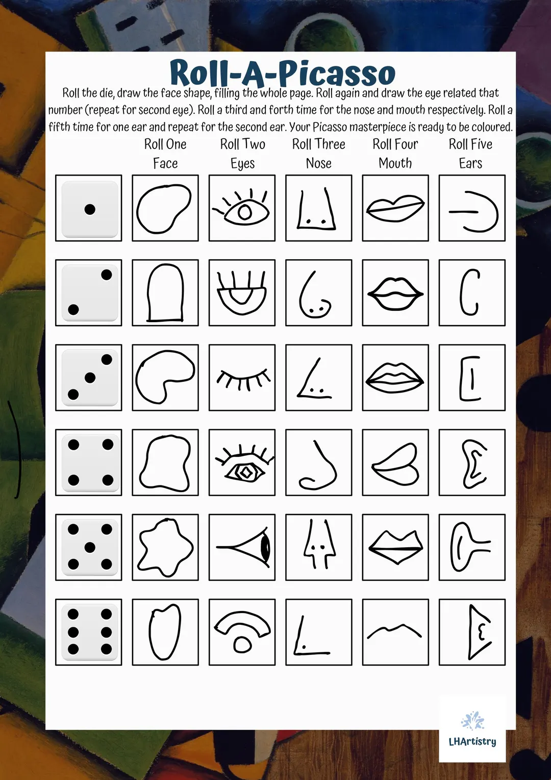 Roll A Picasso Art Activity Worksheet