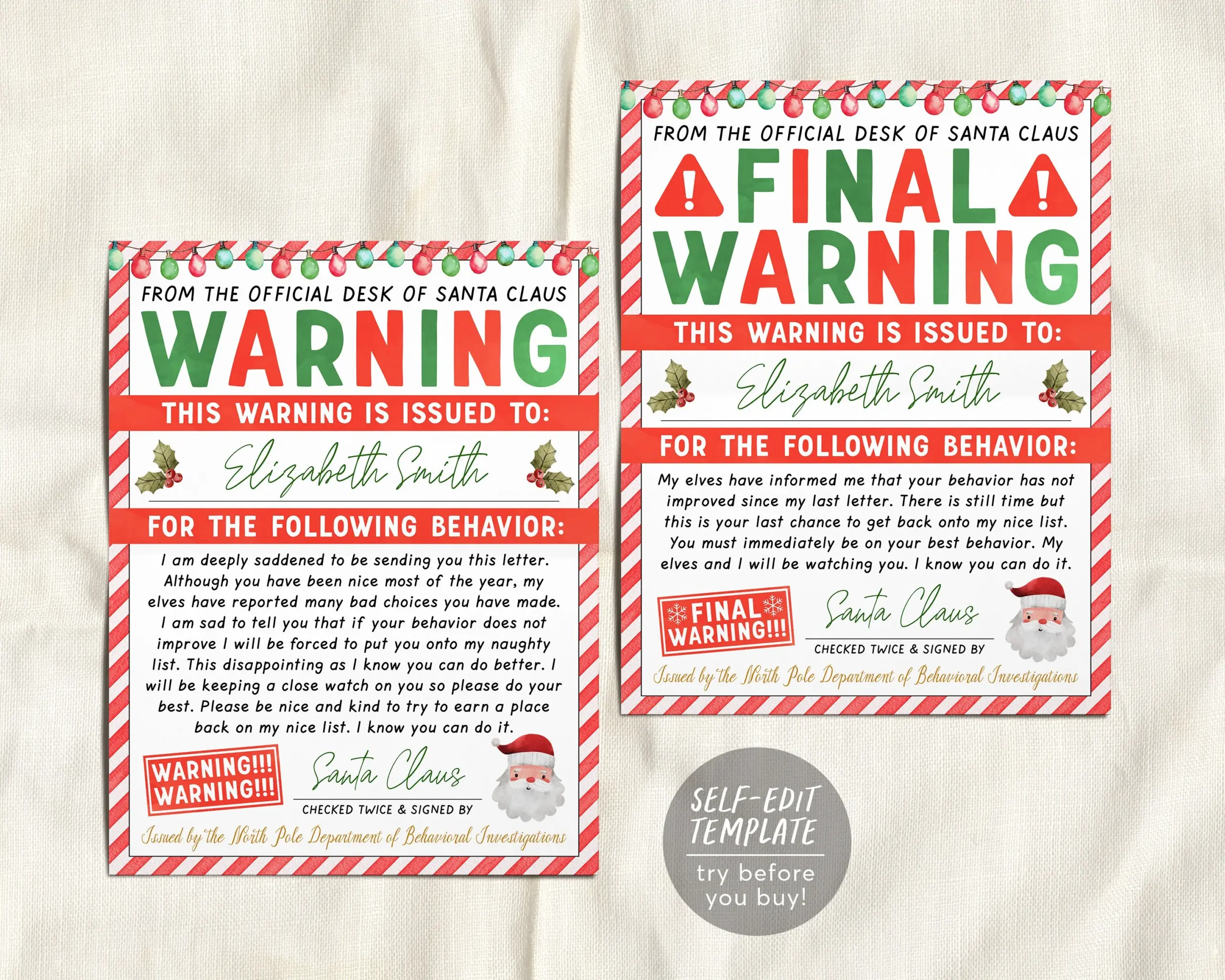Santa Final Warning Letter Editable Template Official Desk Of Santa Claus Christmas Behavior Report Elf Surveillance Nice Naughty List 362607675
