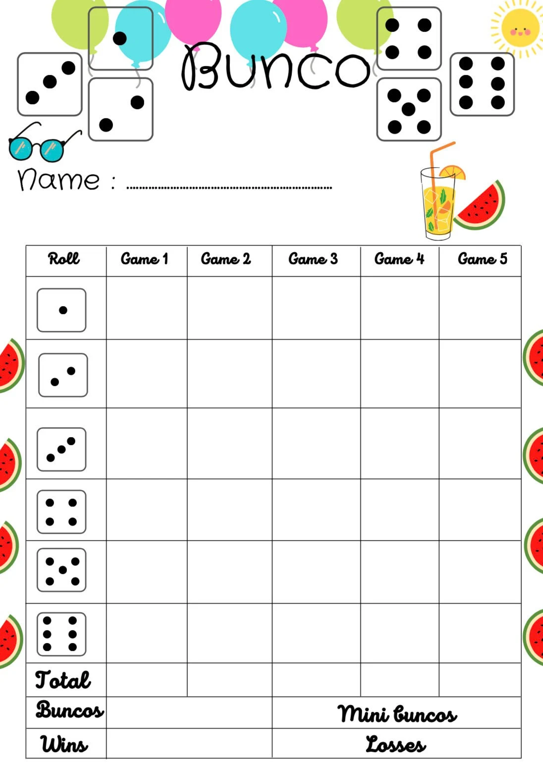 Summer Bunco Score Card Bunco Scoresheet Summer Bunco Score Card Bunco Scoresheet
