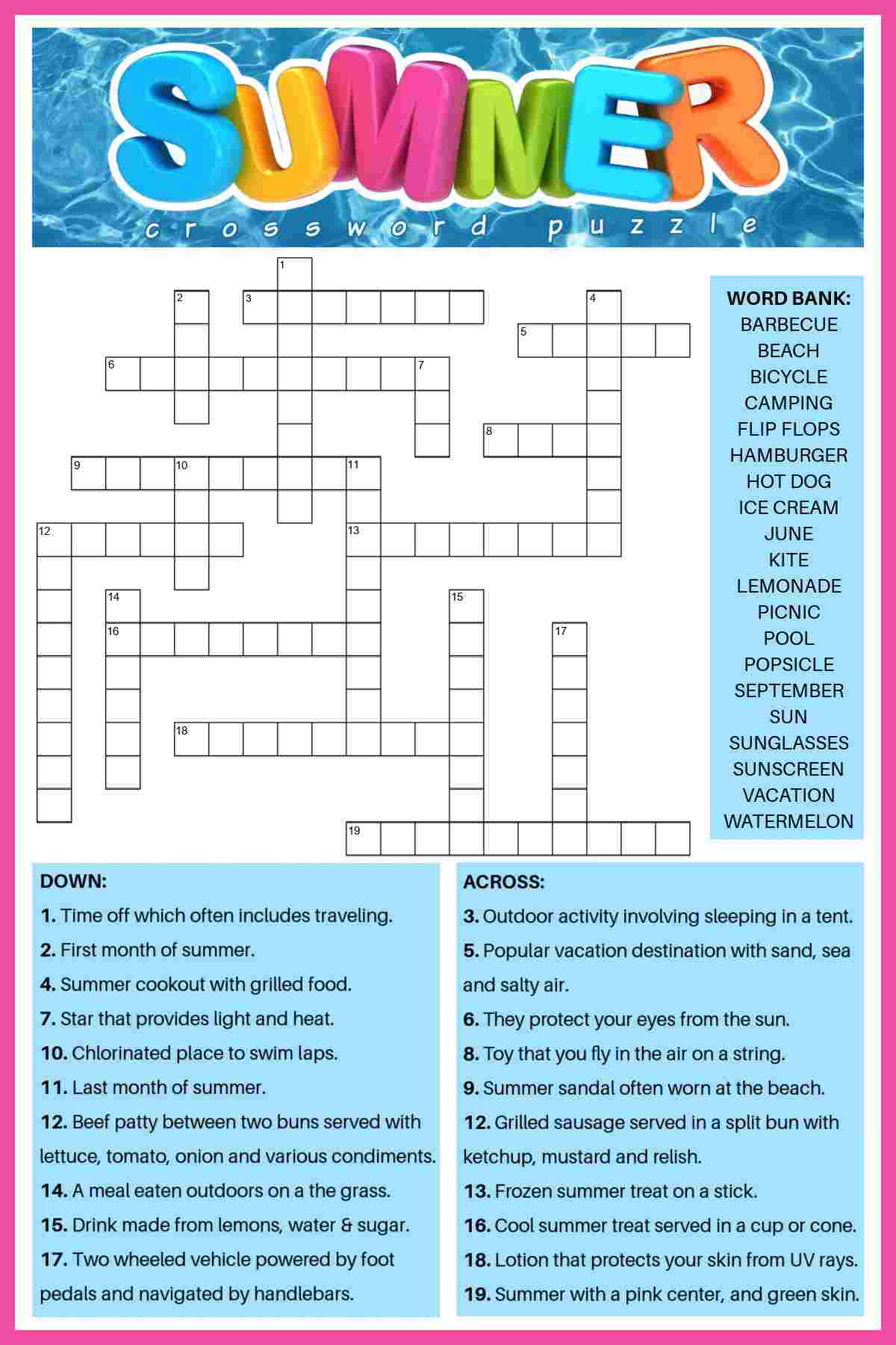 printable summer crossword puzzles