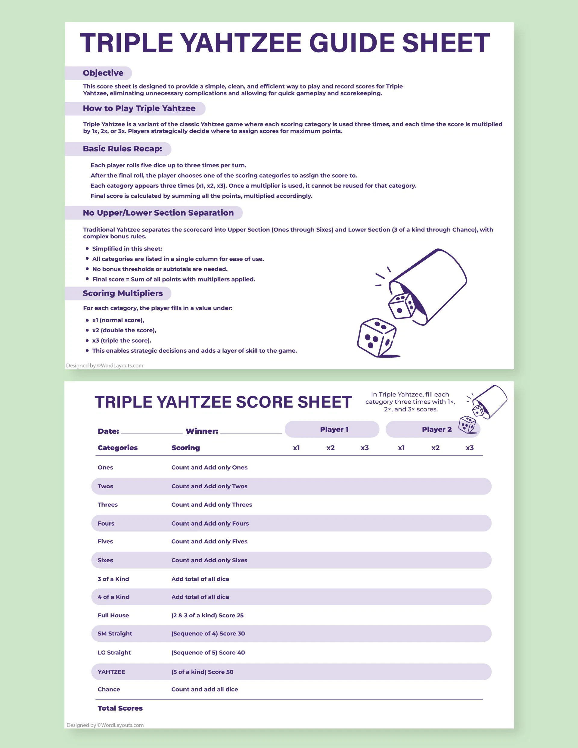 triple yahtzee score sheet printable free