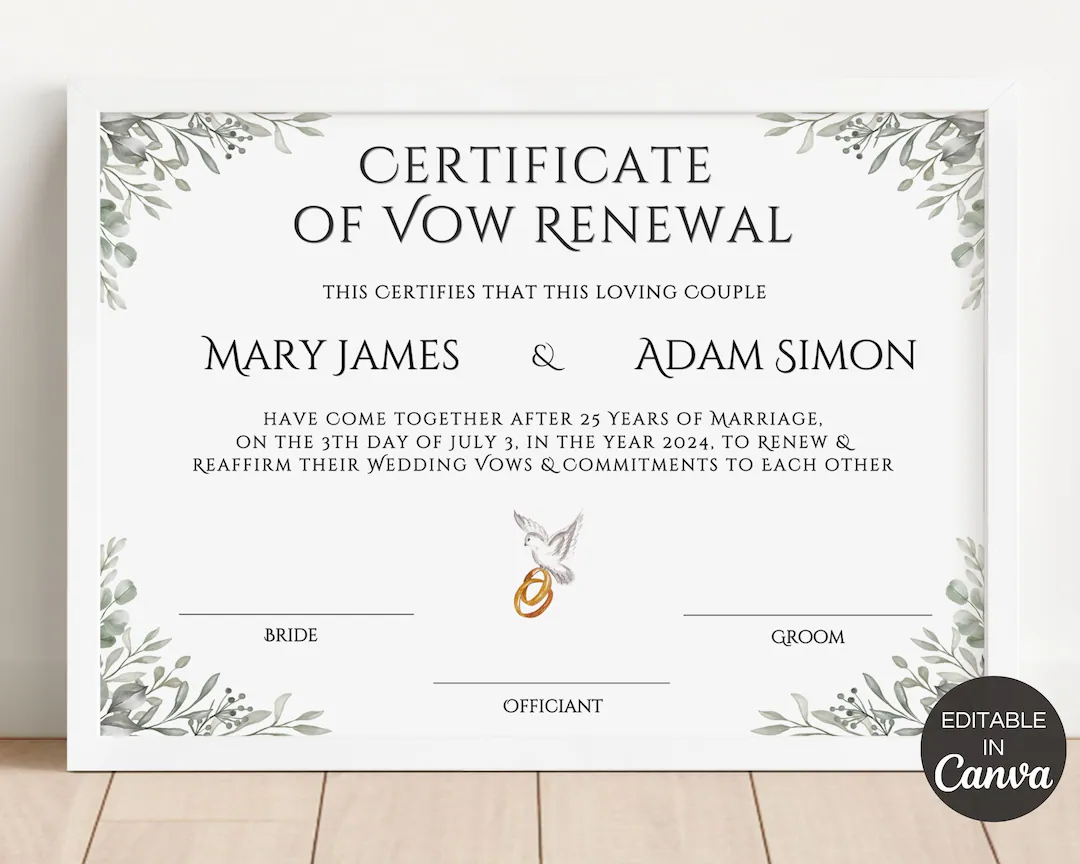 Vow Renewal Certificate Editable Wedding Vow Renewal Certificate Editable Wedding