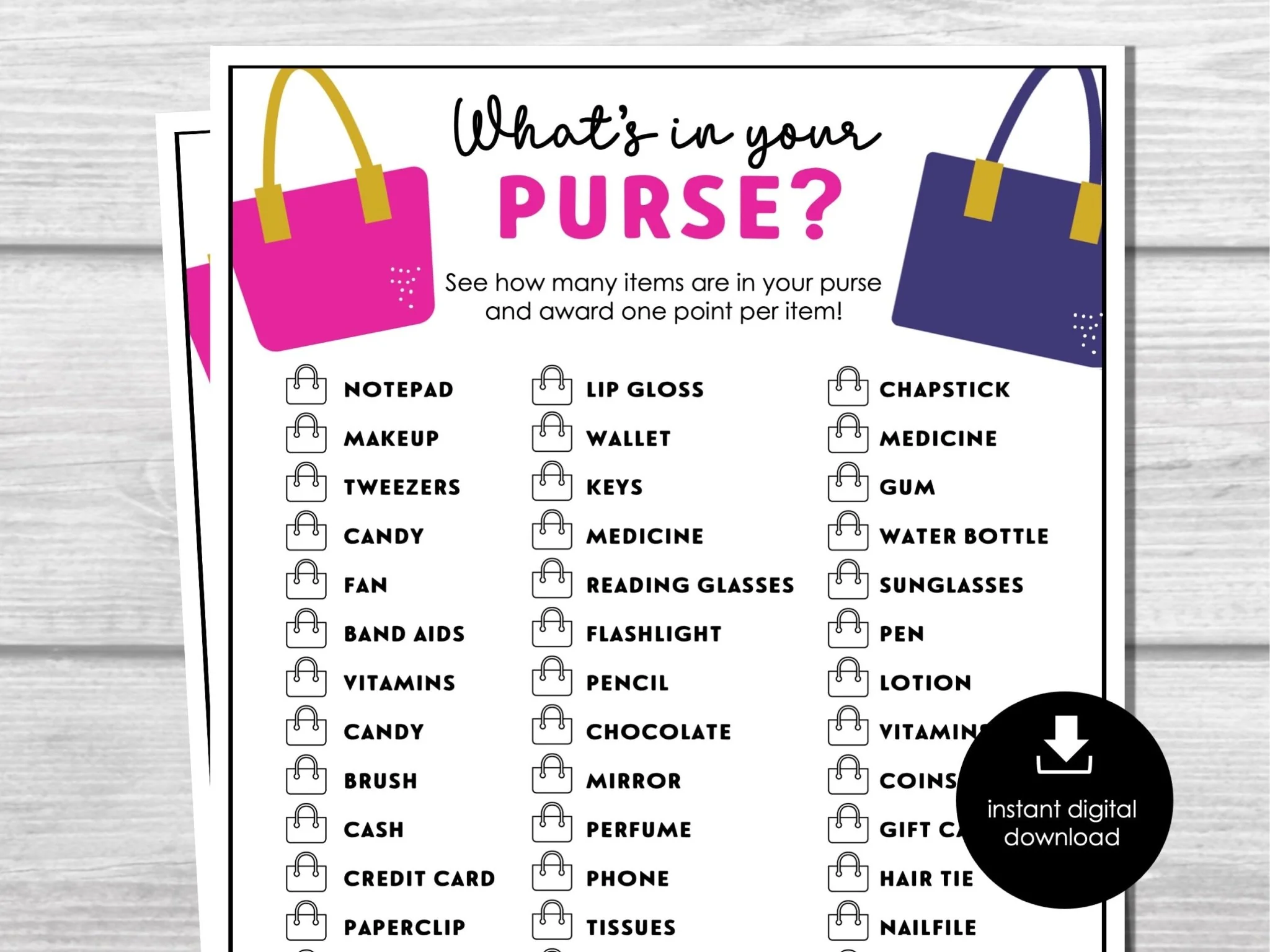 Whats In Your Purse Ladies Night Game Girls Night Out Printable Bridal Shower Game