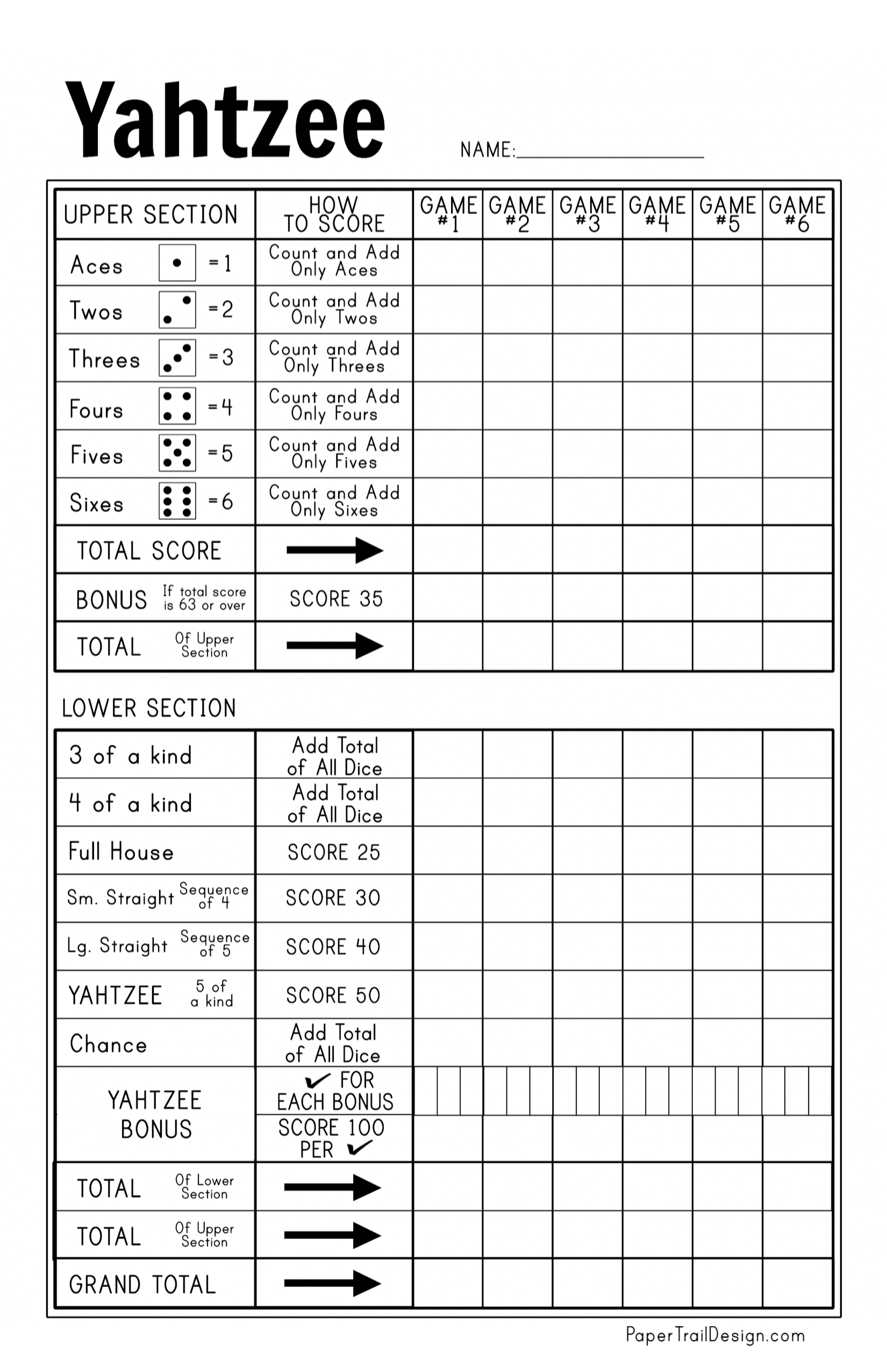 Yahtzee Score Card Yahtzee Score Card