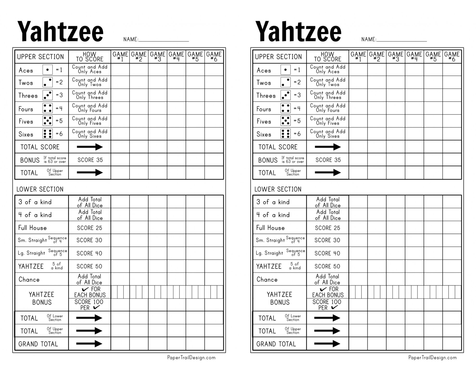 Yahtzee Score Card