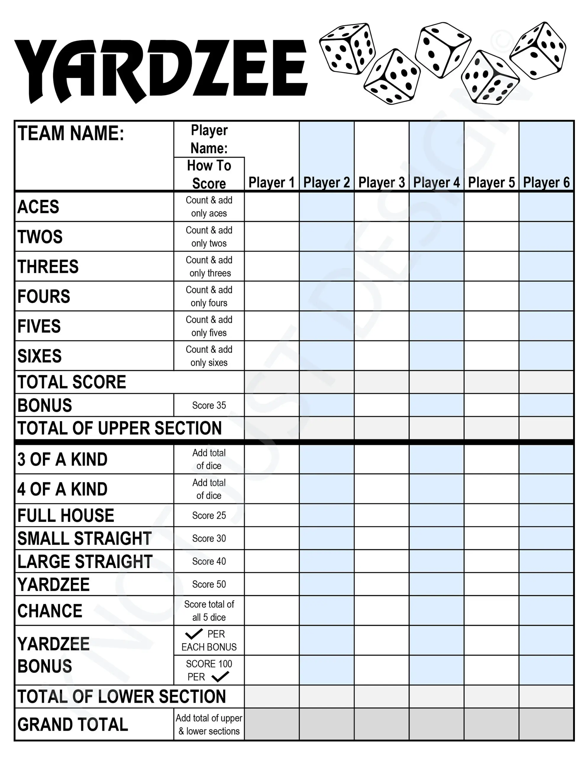 Yardzee Digital Score Card Rules